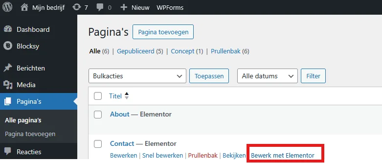 Bewerk met Elementor in het paginaoverzicht