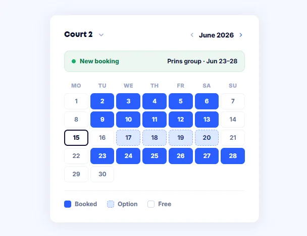 Calendar with padel courts