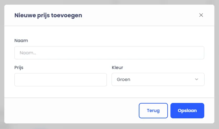De pop-up Nieuwe prijs toevoegen